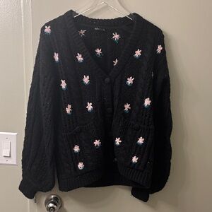 For Love and Lemons Black Floral Knit Cardigan